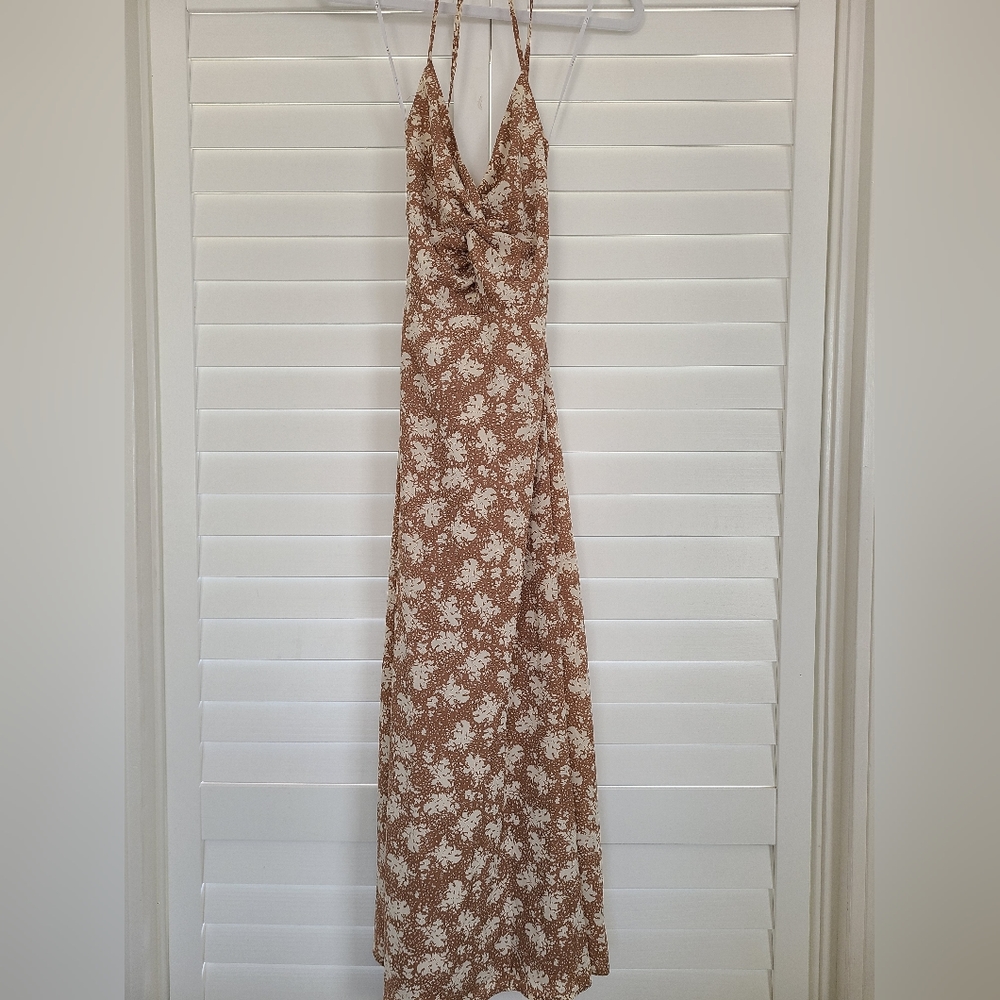 Lulus Picturesque Moments Brown Floral Print Strappy Maxi Dress
